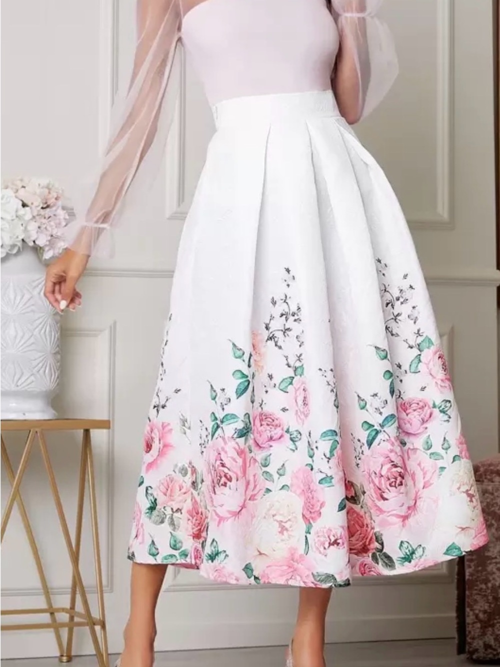 SHEIN White Midi Skirt with Pink Floral Border